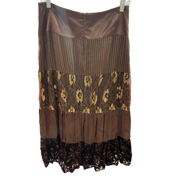 Spenser Jeremy Brown Silk Gold Metallic Thread Tiered Skirt Sz 4 - Picture 2 of 10